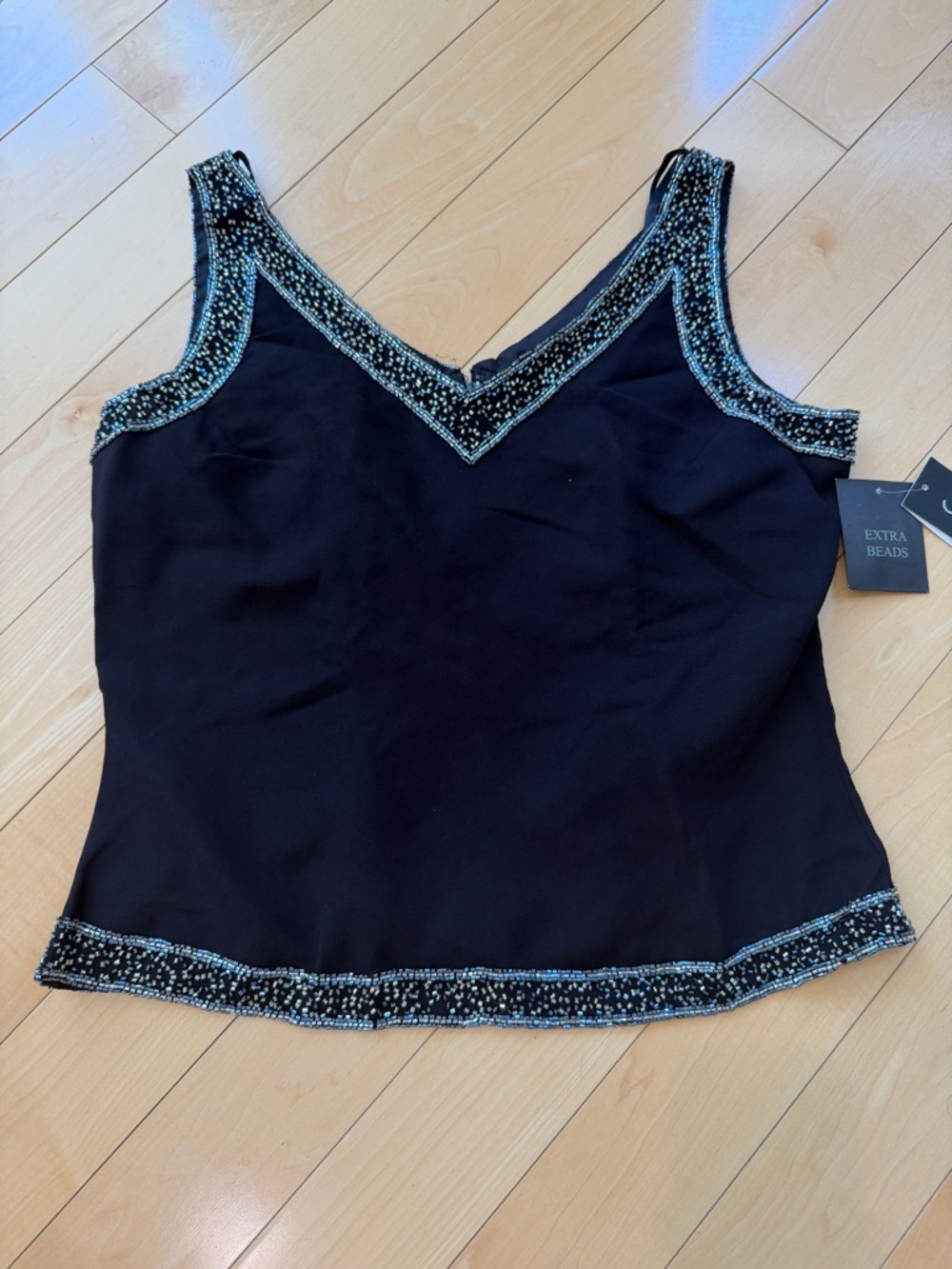 J Kara Black Beaded V-Neck Tank Top Medium NWT